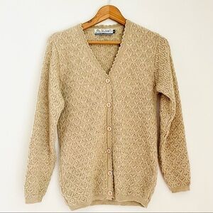 Vintage VTG Elson Pure New Wool Woolmark Textured Tan Cardigan Sweater 38